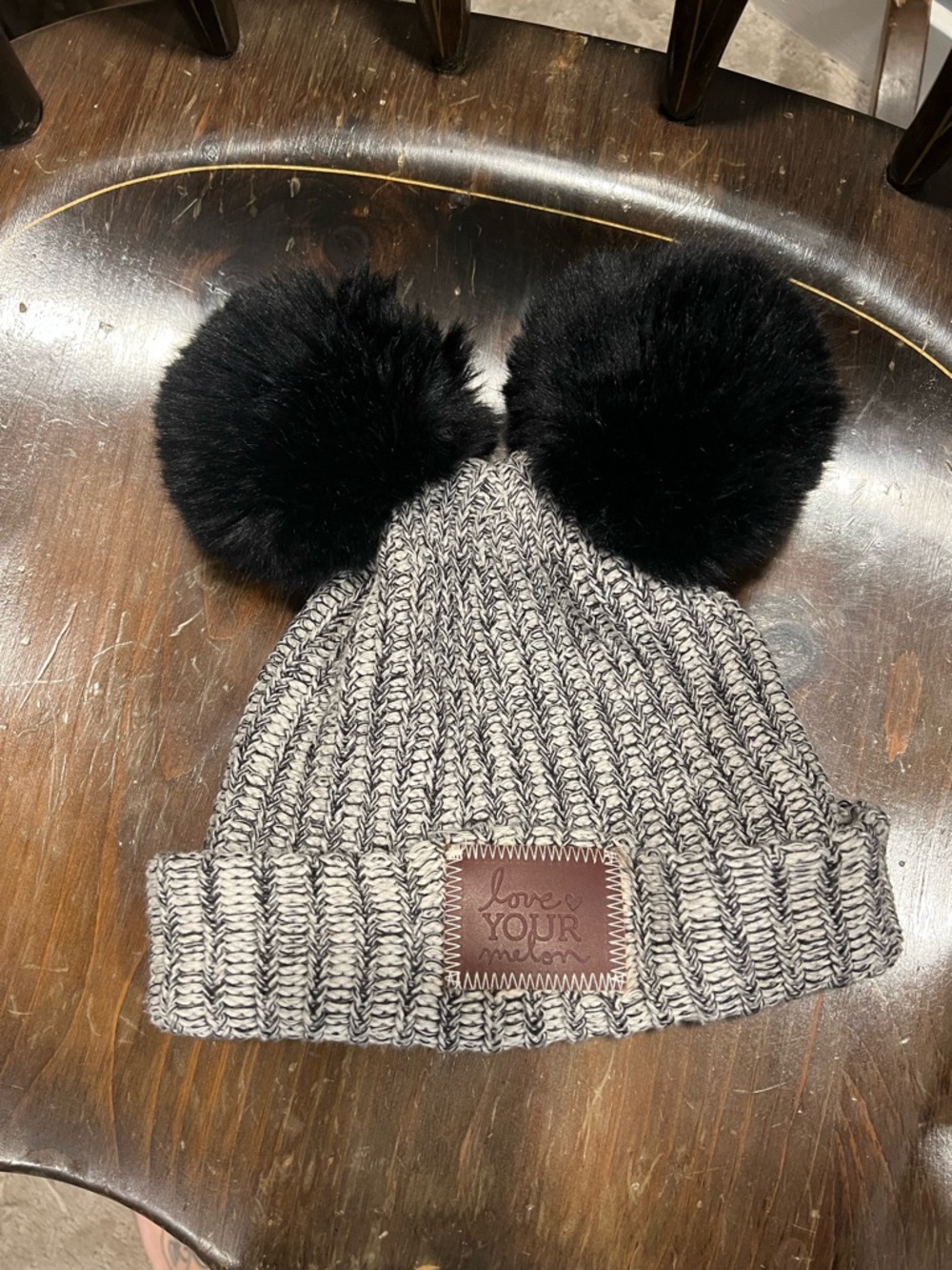 Love Your Melon Kids Gray Knit Beanie with Black Double Poms